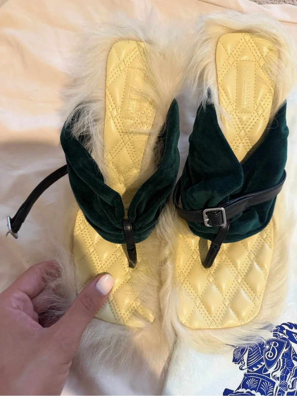 Burberry Green Velvet and Cream Fur Thong Heels